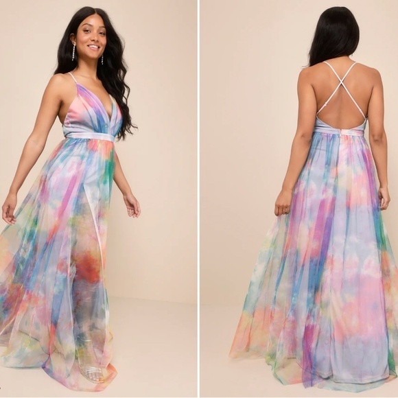 LULU's Prom Wedding Special Event Sexy Flowy Colorful Tulle Tie Dye Maxi Dress - Picture 3 of 10
